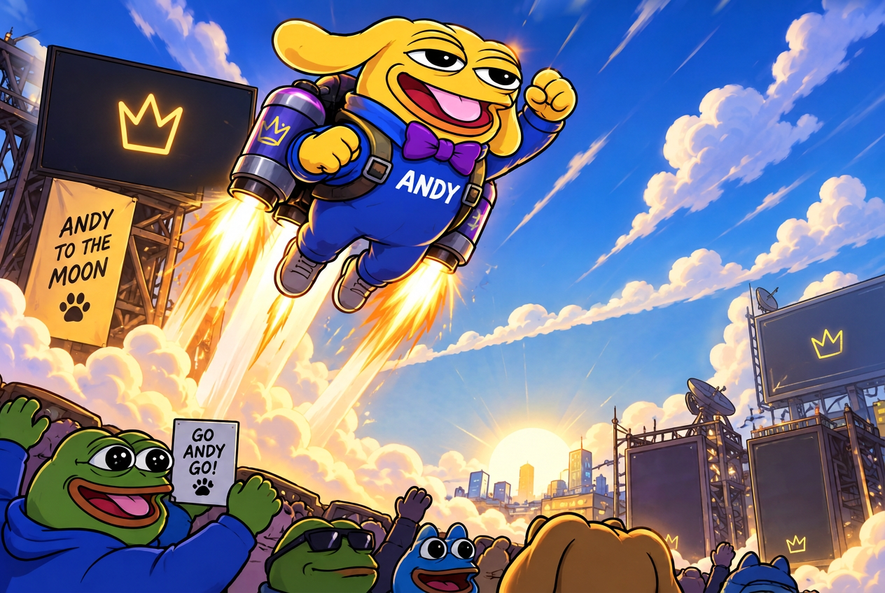 Andy, the yellow frog in a blue suit and purple bowtie, blasting off on a jetpack while Pepe cheers him on below